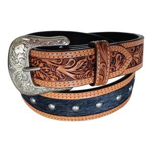 Rodeo Western Two Tone Belt Tooled Leather Cow Hair Inlay Studded Size 42